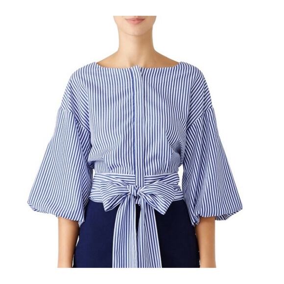 J.O.A Blue White Striped Tie Blouse Puff Sleeve Button Up Minimalist Women's M - Picture 1 of 9